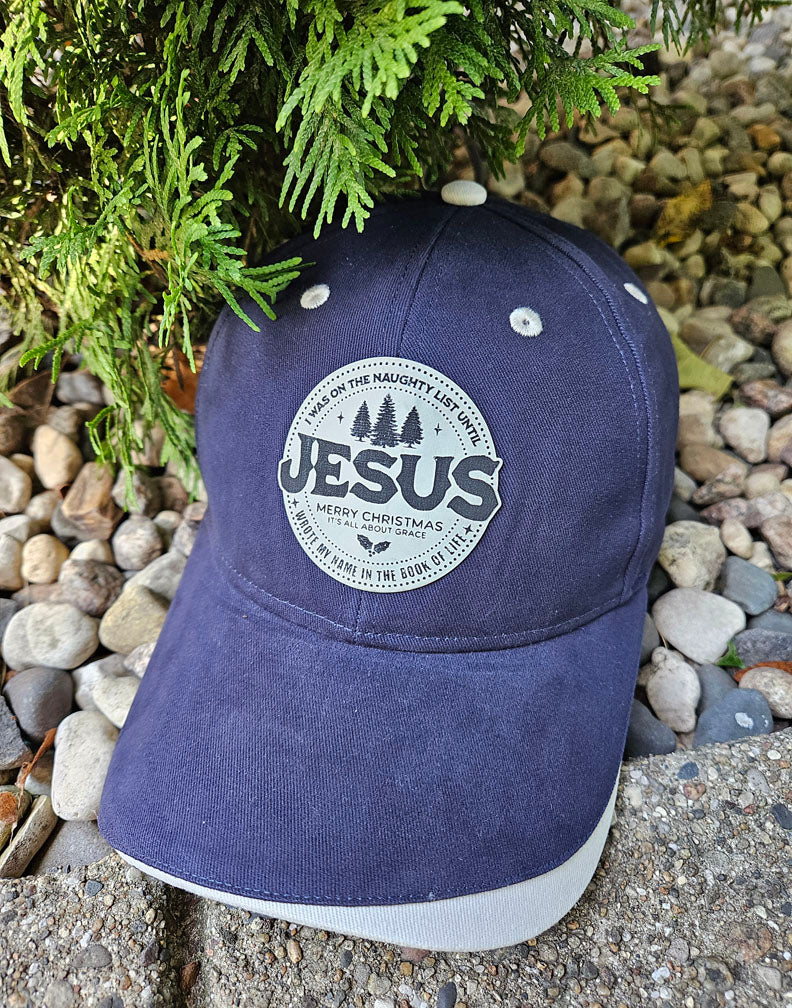 Christmas Cap: I Was on the Naughty List Until Jesus Wrote My Name in the Book of Life (Blue)
